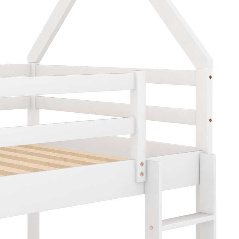 Lit superposé bas, lit maison avec échelle, Blanc