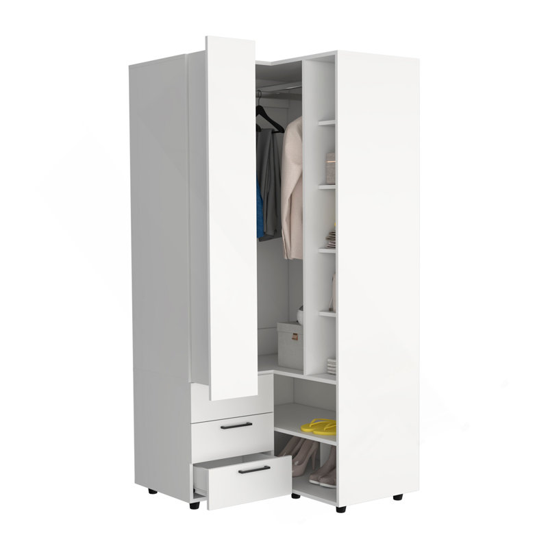 Armoire de coin Toulouse avec portes doubles et tablettes intérieures, garde-robe compacte, blanc, Blanc