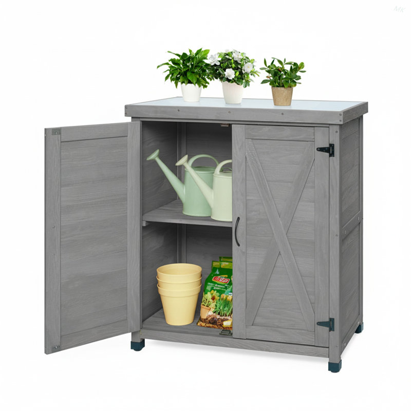 Banc de rempotage avec armoire de rangement et plateau de table en métal pour patio extérieur, table de poste de travail extérieur