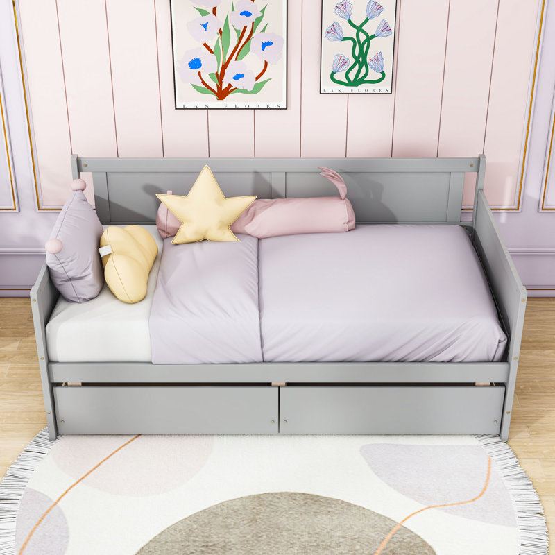 2 Drawers Twin Wood Daybed, Semi-Enclosed Design, Gray