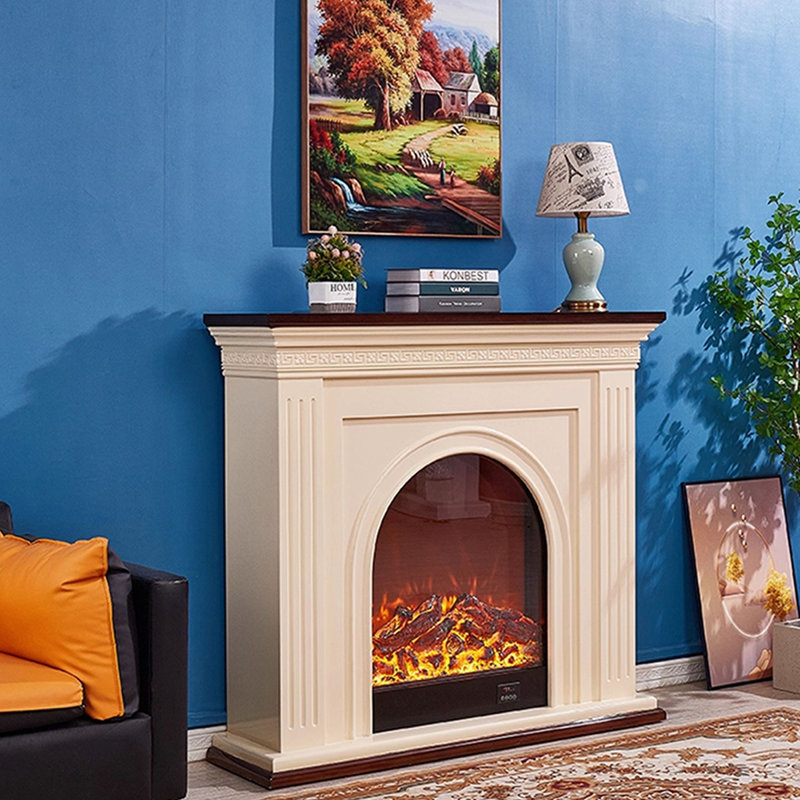 Beige Solid Wood Electric Fireplace, Beige