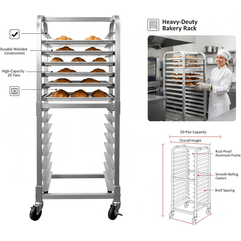 Aluminum Bun Pan Rack with Lockable Casters, Large Capacity Commercial Mobile Bakery Cooling Rack Trolley for Kitchen Restaurant