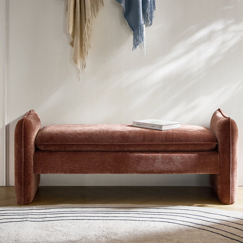 Ella 57.5"W Modern Chenille Fabric Easy Assembly Upholstered Bench, Rust