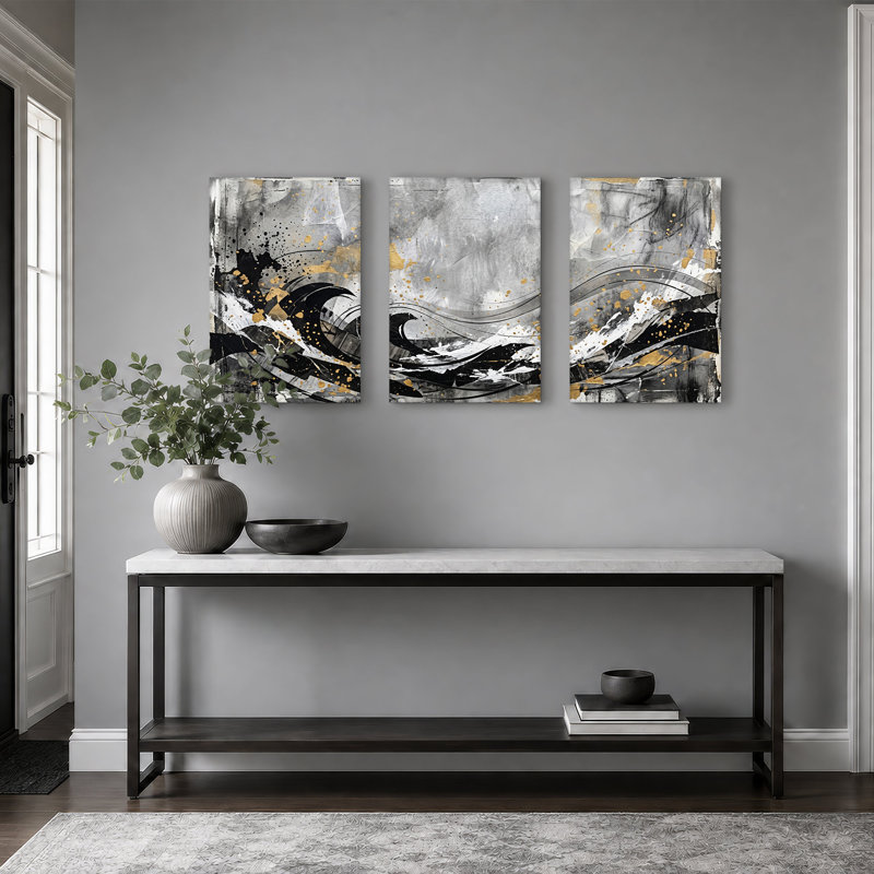 Ensemble de 3 toiles murales noires, blanches et dorées, H 36 po x l 24 po x 3 pièces