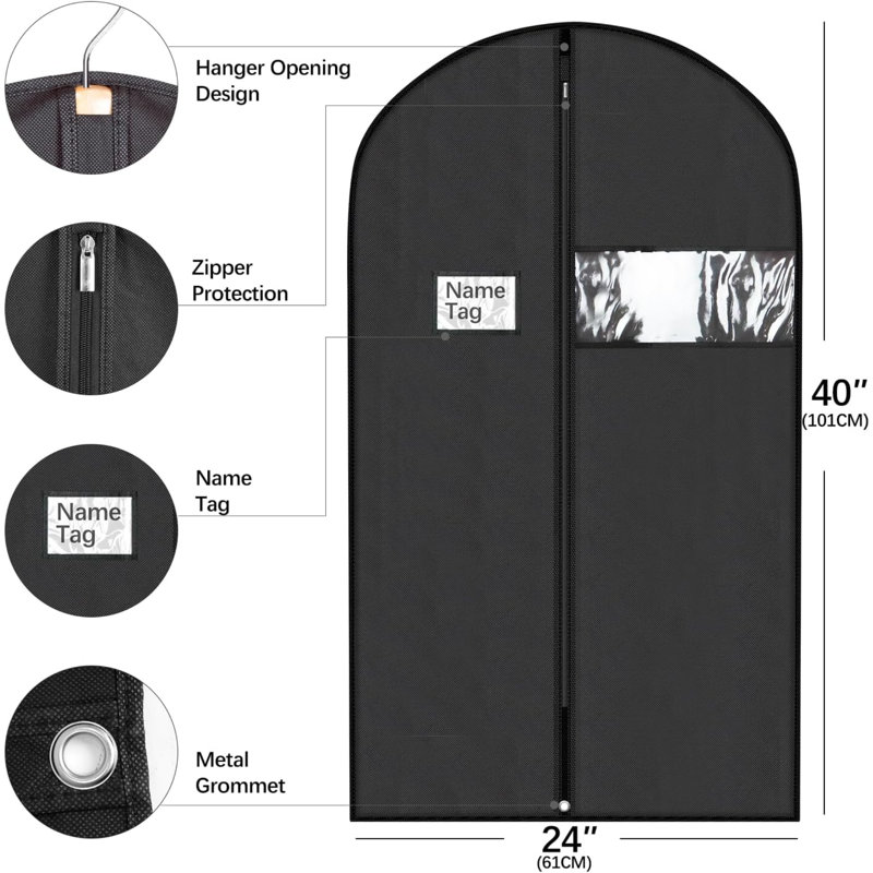 Black Garment Bags, Suit Bags For Travel, Garment Covers For Hanging Clothes, Nonwoven Breathable Clothing Protectors With Zipper For Closet Storage (60 X 100 Cm, 5 Packs)