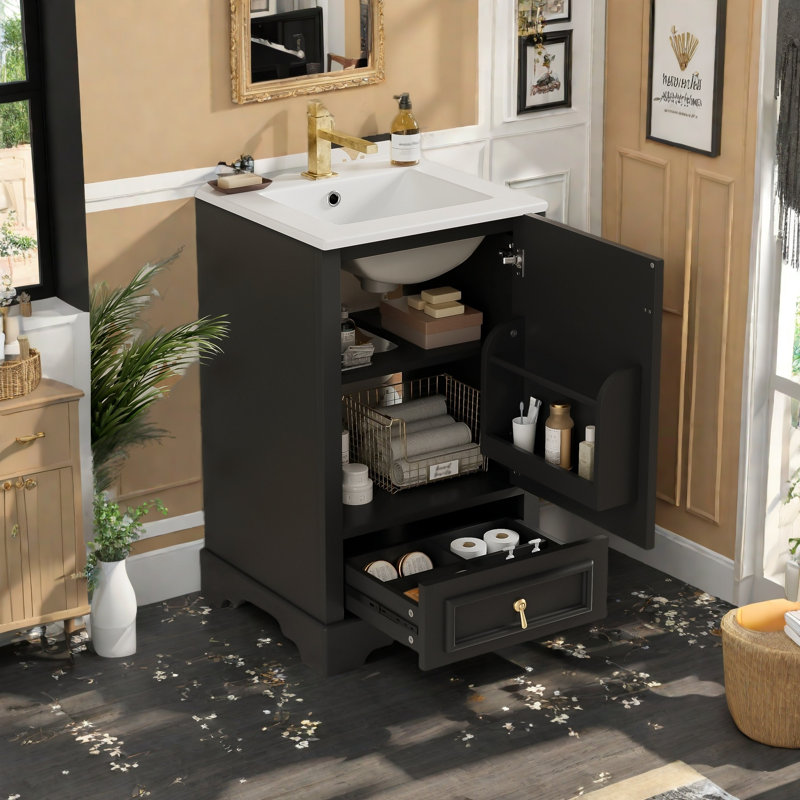 Meuble-lavabo de 20 po avec lavabo en céramique, porte à fermeture en douceur, tablette ajustable en forme de U, Noir