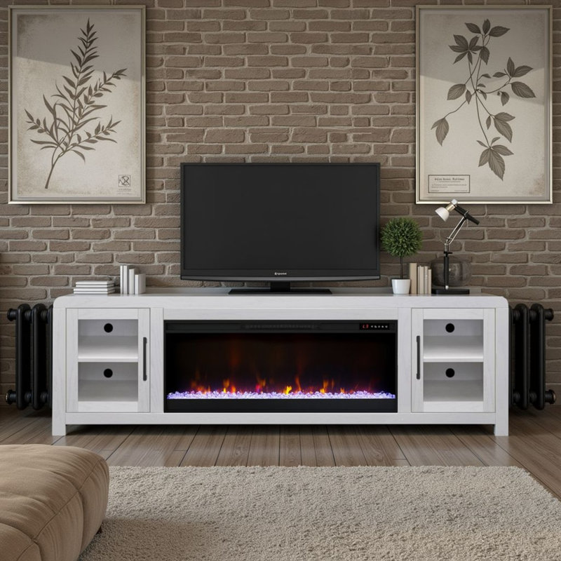Meuble télé 82 po avec portes en verre Haven pour téléviseur de 90 po ou moins, assemblage minimal, finition blanche, Blanc
