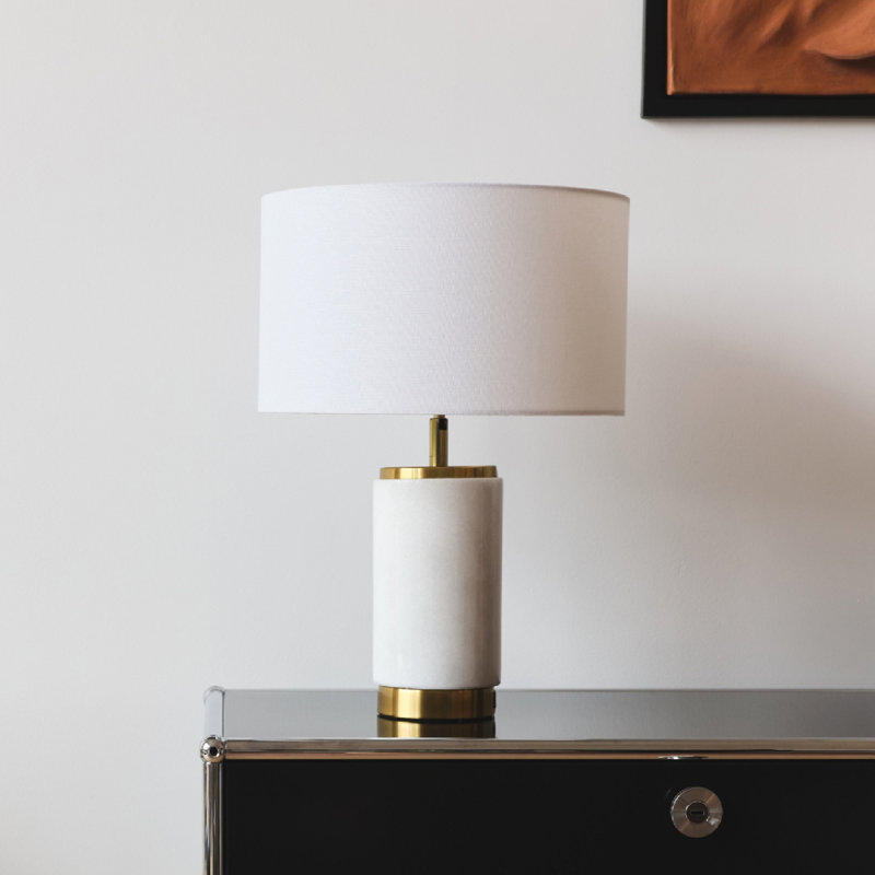 Arden 17 in. Mid-Century Modern LED Table Lamp with Fabric Drum Shade and USB Port