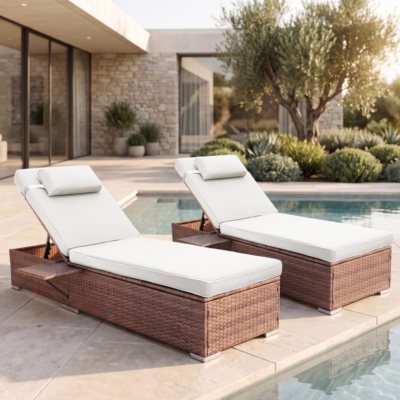 Chaise longue d'extérieur en osier inclinable avec table d'appoint et coussins, Blanc