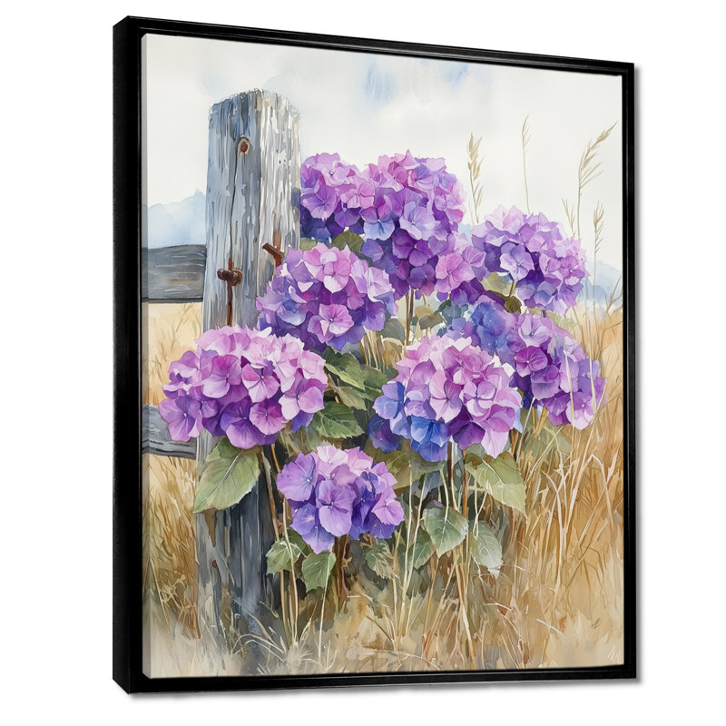 «Emily Hydrangeas At The Farm Fence I - Hydrangea», art mural, Noir, Reproduction avec cadre flottant, H 20 po x l 12 po