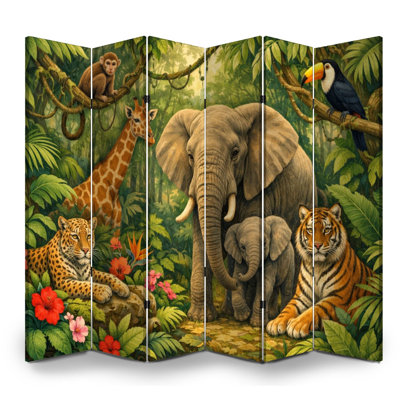 6 panneaux paravents pliables cloison royale jungle sauvage éléphant girafe tigre léopard toucan toile séparateur de pièce cloison de protection autoportante cloison d'intimité