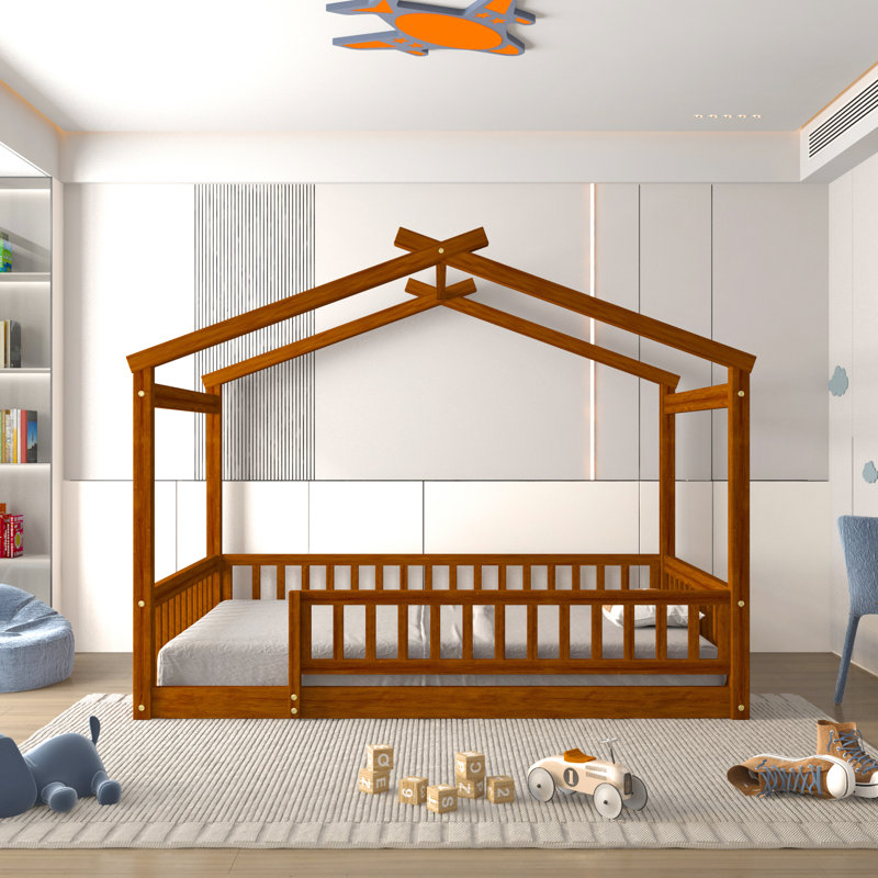 Wood House Bed Frame With Fence, Sturdy Pine Construction, Playful Design, Walnut, Full