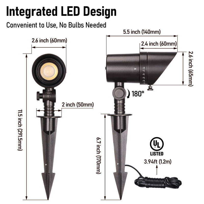 Projecteur DEL intégré basse tension 5CCT pour paysage, faisceau de 15° à 60°, alimentation 12-24 V CA/CC, fini bronze huilé.
