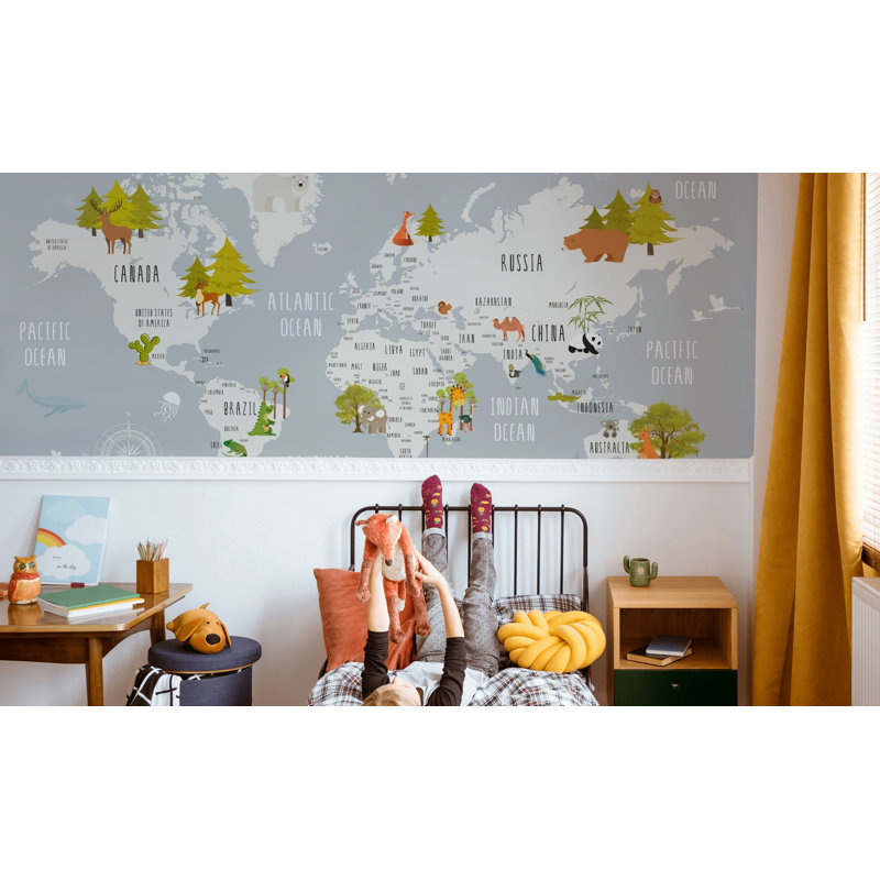 Adhésif mural carte du monde et animaux Alysen, L 112 po x L 75 po, Gris clair