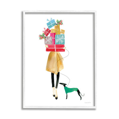 Femme joyeuse tenant divers cadeaux des Fêtes et chien, estampe numérique encadrée, art texturé par Mercedes Lopez Charro