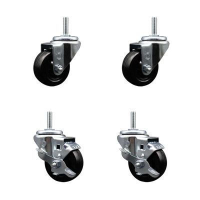 3 Inch Hard Rubber Wheel Swivel 3/4 Inch Threaded Stem Caster Set 2 Brakes SCC