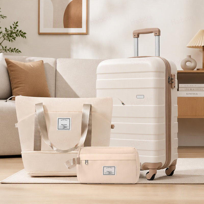 Ensemble de bagage 3 pièces - Valise 20 po avec sac de toilette à sec TSA, Ivoire ivoire