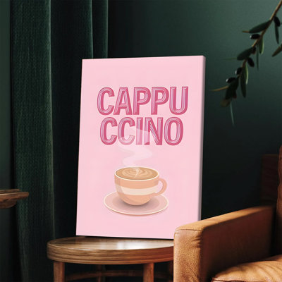 1PC Wall Arts Posters Framed,  Cappuccino Coffee Canvas Wall Art Pink Decor with Steam and Latte Art Print Modern Kitchen Dining Room Cafe Decoration for Coffee Lovers Minimalist Home Office Wall Decor