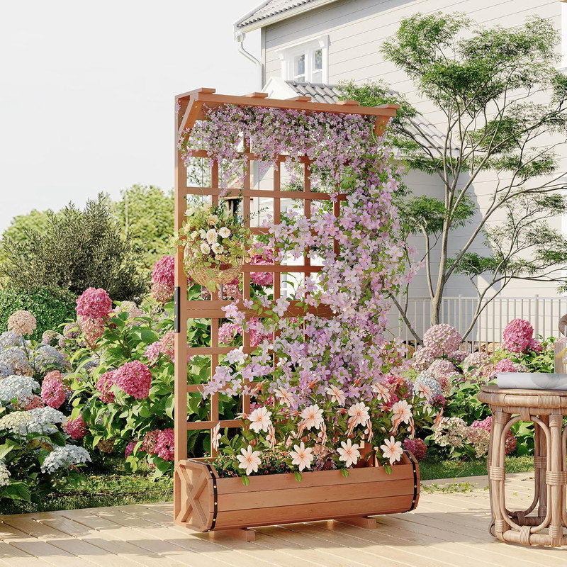 Lit de jardin surélevé de 67 pouces avec treillis et toit, jardinière en bois avec drainage pour cour et balcon
