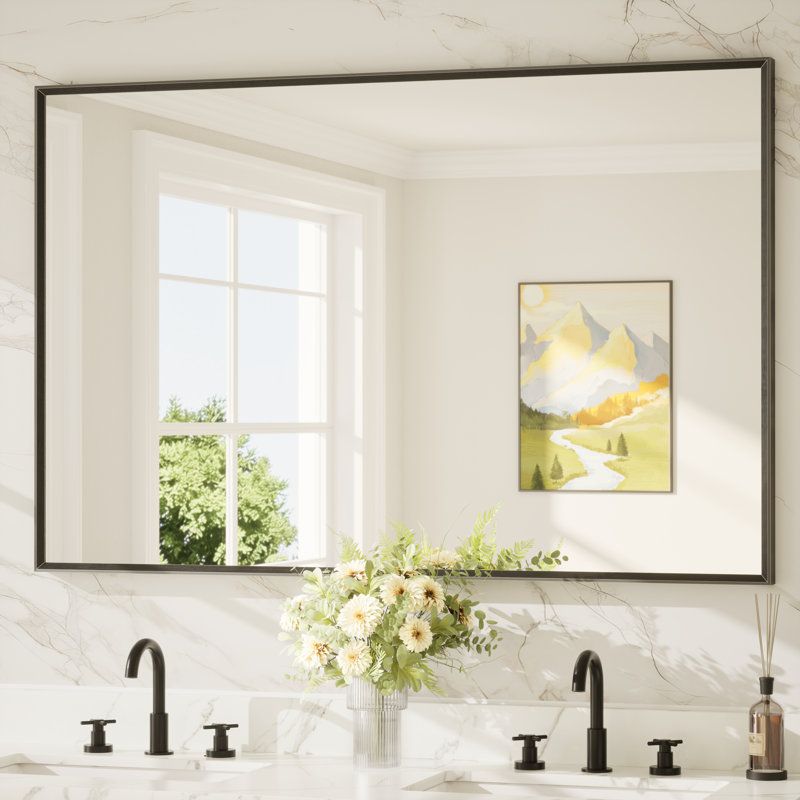 Miroir de salle de bain avec cadre en aluminium et verre trempé, Noir mat, Rectangulaire, 55 po x 36 po