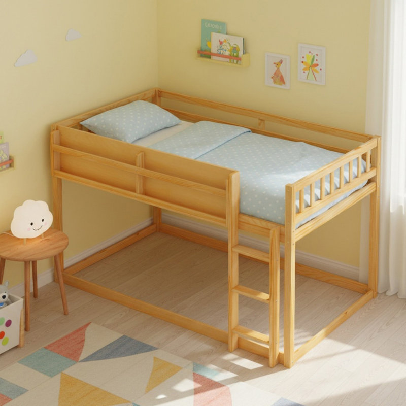 Lit superposé simple au-dessus de simple en bois massif, lit superposé au sol avec échelle pour chambre à coucher, Naturel