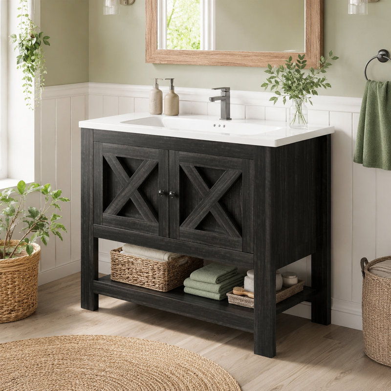Meuble-lavabo simple autoportant de 89 cm de largeur avec lavabo, 2 portes et tablette ouverte, Chêne foncé