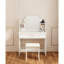 Table de coiffeuse à miroir réglable avec un tiroir, rangement spacieux pour les essentiels de beauté, tabouret assorti, compact et élégant, blanc antique, panneau de particules +, miroir de 15,63 po de largeur, pinceaux de maquillage,
