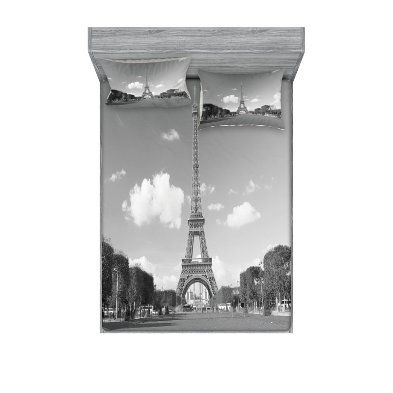 Drap-housse et coussin décoratif Ambesonne Tour Eiffel gris, Ensemble de draps pour très grand lit californien