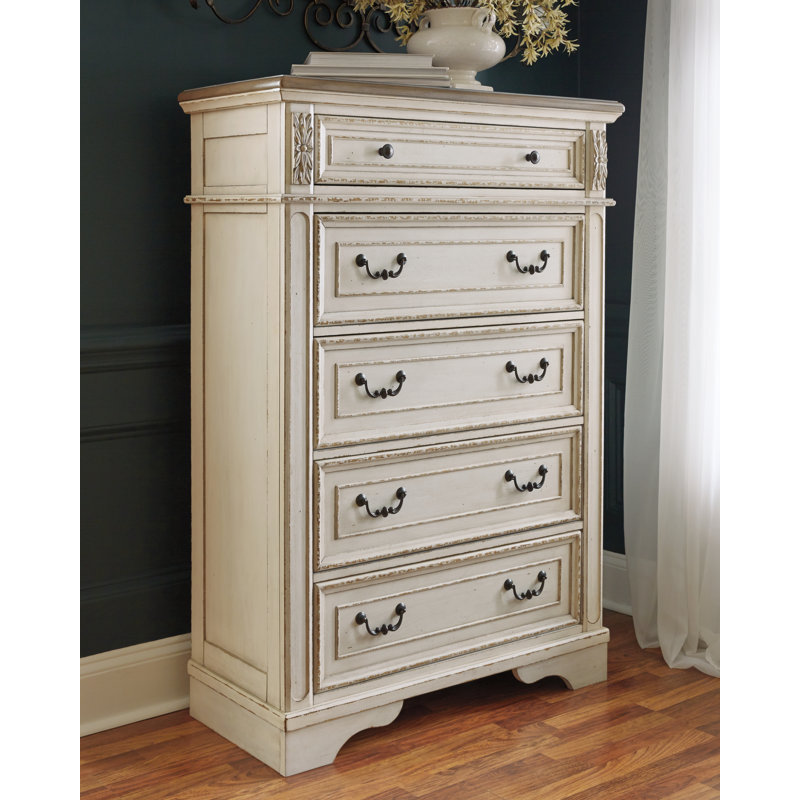 Très grand lit tapissier Realyn, commode, miroir et commode