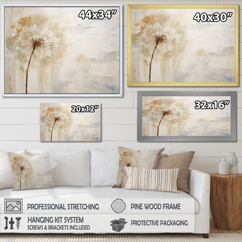 Dandelion Charm In Winter V - Pissenlit, art mural sur toile, L 32 po x H 16 po x P 1 po, Cadre doré simple