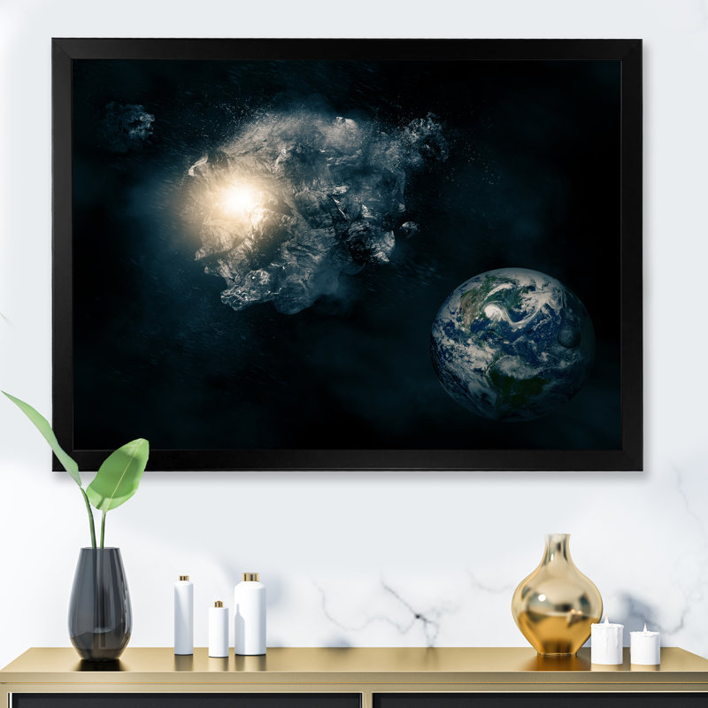 Asteroïd Space Art - Art mural moderne sur toile, H 32 po x l 16 po x P 1 po, Cadre noir