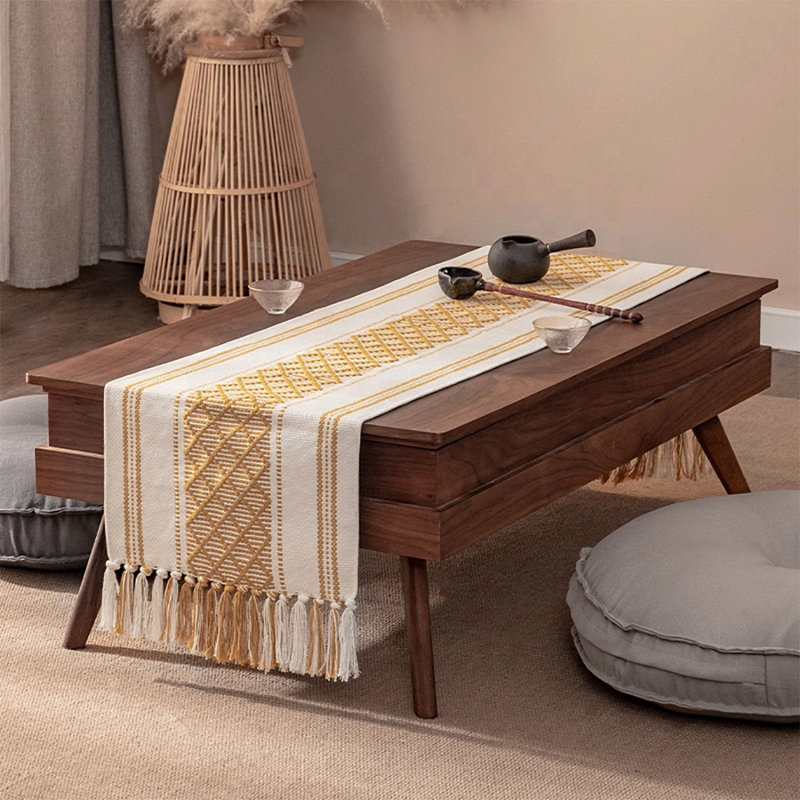 Yellow Diamond Stitched & Tasseled Cotton Blend 14"X71" Table Runner, Yellow, 102" L x 14" W