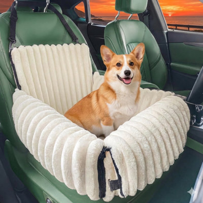Versatile 6-function pet vehicle seat suitable for small to medium canines weighing up to 25 pounds; this multi-purpose travel crate features a removable, machine-washable cover and includes a secure clip-on safety leash; elegant beige coloring.