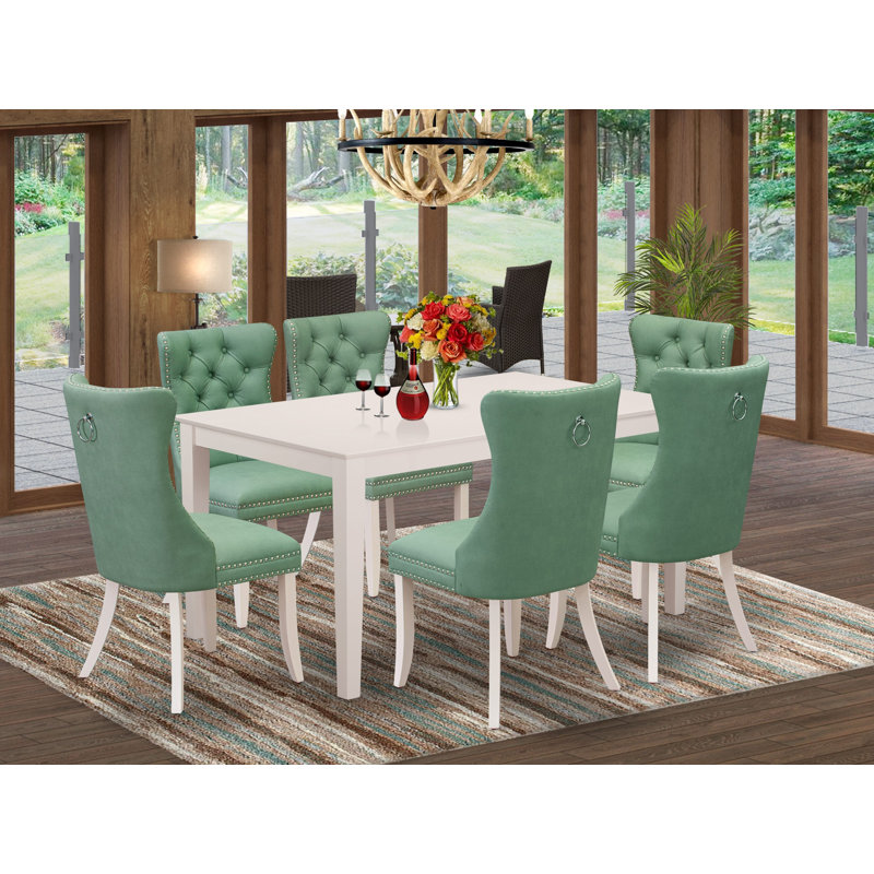 Ensemble de salle à manger 6 pièces comprenant une table de salle à manger rectangulaire et 4 chaises rembourrées en tissu de polyester avec banc, lin blanc
