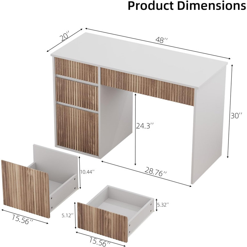 Petit bureau 48 pouces avec tiroirs et armoire de rangement, Blanc / brun clair