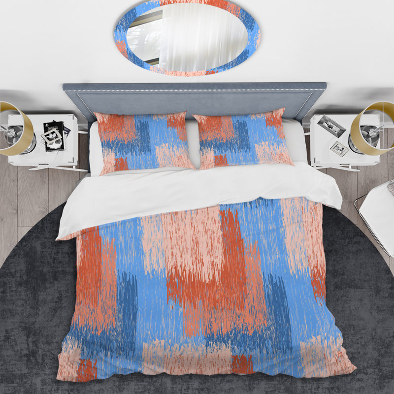 Corail et bleu grunge rayé - ensemble de housse de couette abstrait - microfibre de polyester