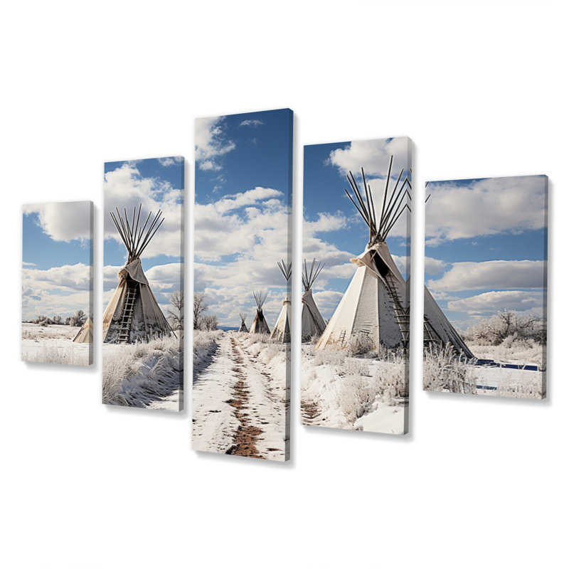 Winter Native Tipi Path To Spirituality - Art mural sur toile Native American - 5 panneaux