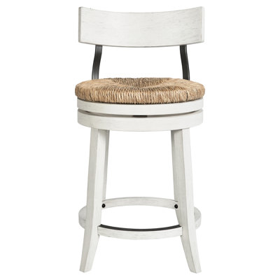 Tabouret de bar en bois recyclé de 26 po de hauteur comptoir avec siège en ruppie naturelle, retour automatique à 180 degrés, supports en acier noir, repose-pieds en métal, patins en plastique, pieds incurvés, pour la cuisine ou le vin