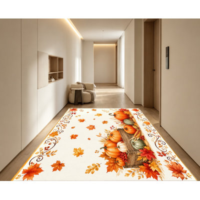 Tapis d'automne à feuilles de citrouille d'automne, style aquarelle, surface en velours, tapis antidérapant, décoration intérieure festive pour salon, chambre à coucher, cuisine, salle à manger, entrée, appartement