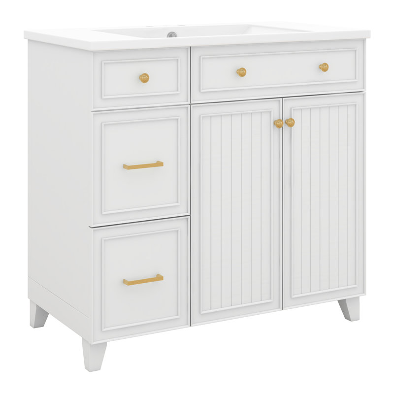 36" Bathroom Vanity With Ceramic Sink, Standard And Double-Layer Drawers, Soft Close Doors, Adjustable Shelves, White