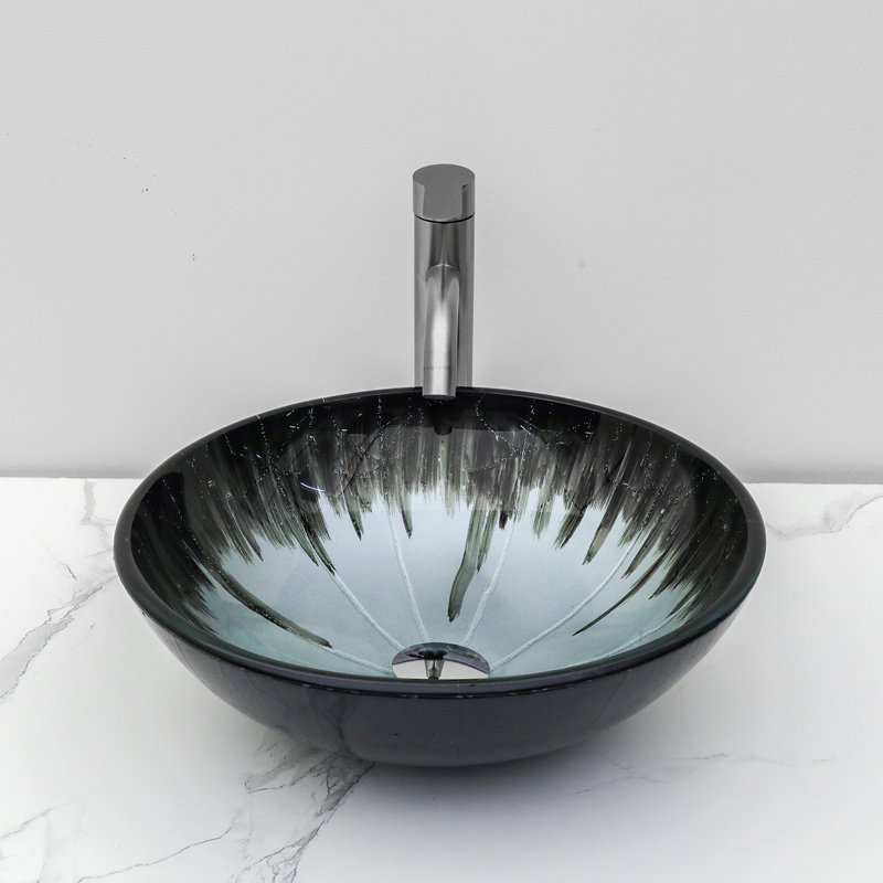 16.5" Glass Circular Vessel Bathroom Sink with Pop-Up Drain, Black Blue