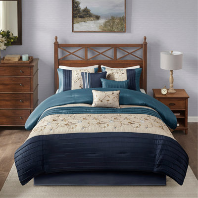 Ensemble d'édredon brodé 7 pièces bleu marine