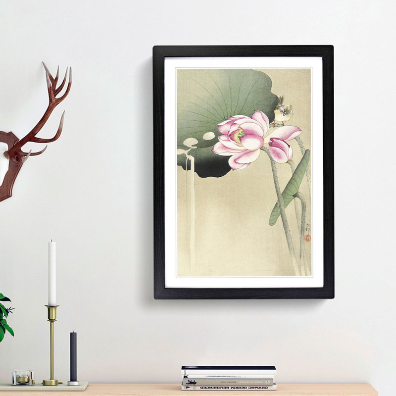 Songbird & Lotus by Ohara Koson - Picture Frame Painting Print, 65cm H x 48cm W x 2cm D, Black Framed