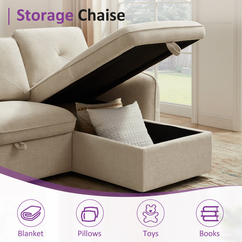 90.9'' L-Shaped Pull-Out Sofa Bed, Beige Polyester