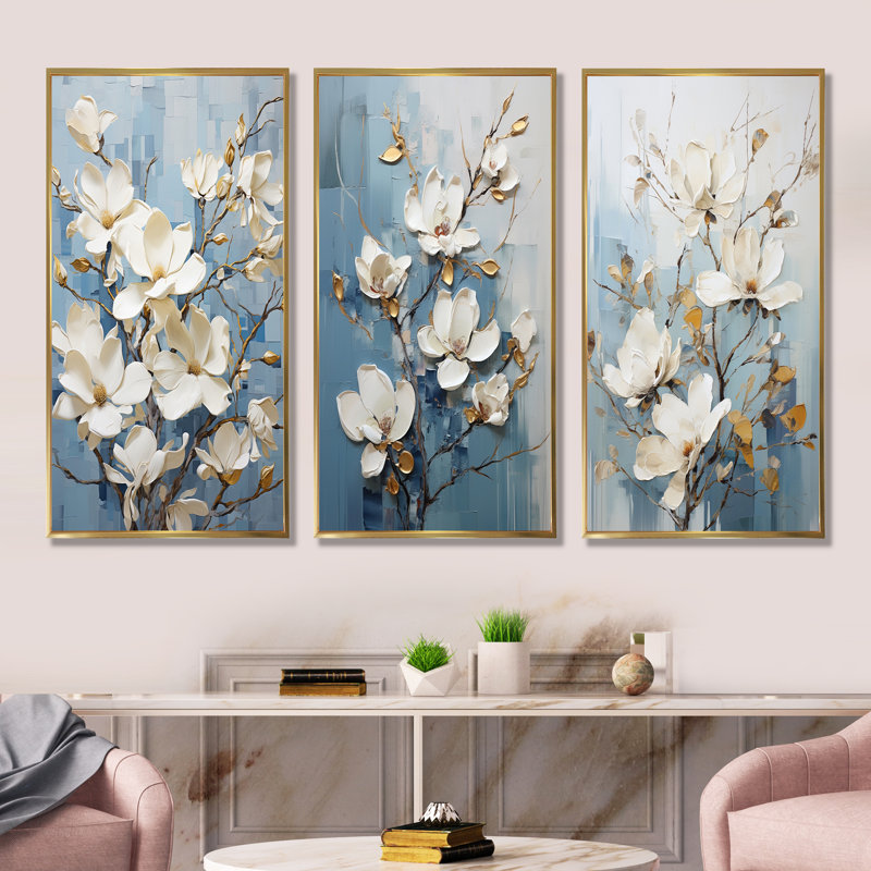 Élégant ensemble de 3 impressions sur toile Magnolias Serenity - Magnolias, Cadre flottant doré, H 32 po x l 48 po