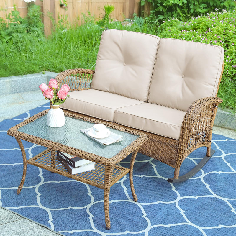 Chaise berçante d'extérieur en osier avec table basse Meetwarm
