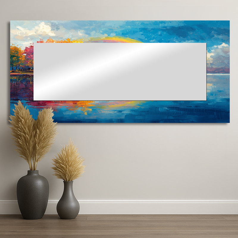 Arc-en-ciel reflété dans le lac - art mural miroir de paysages - imprimé sur métal, 28 po x 60 po
