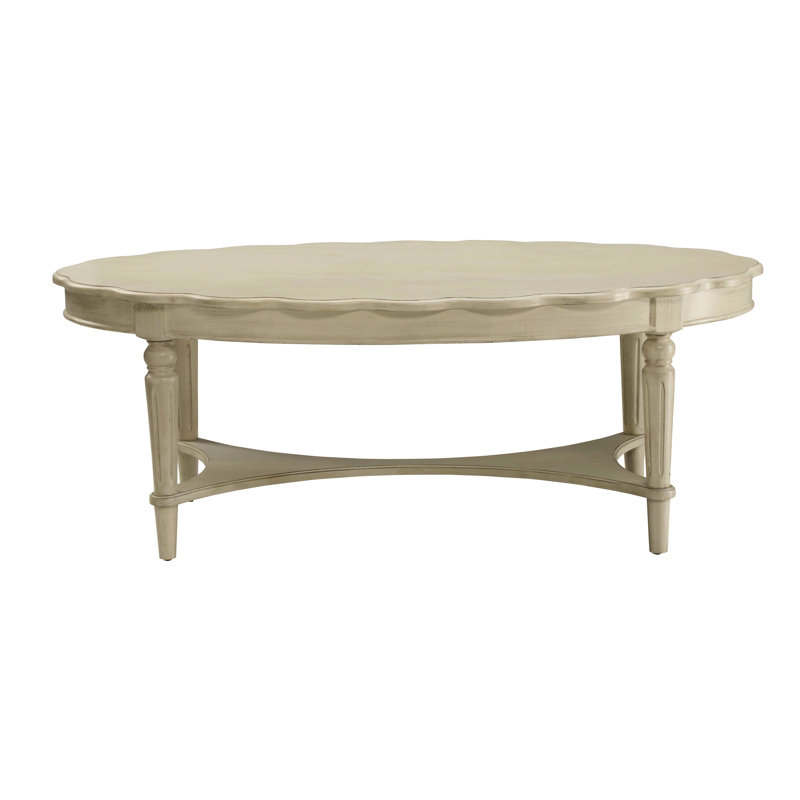 Antique White Finish Coffee Table In French - Solid Wood And Storage Feature Elegant Oval Shape, Wooden Top Bottom Shelf