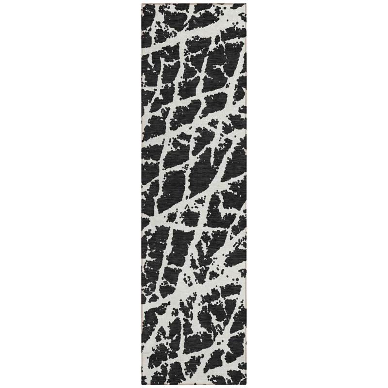 8' Runner Black and White Abstract Washable Non Skid Indoor Outdoor Runner Rug