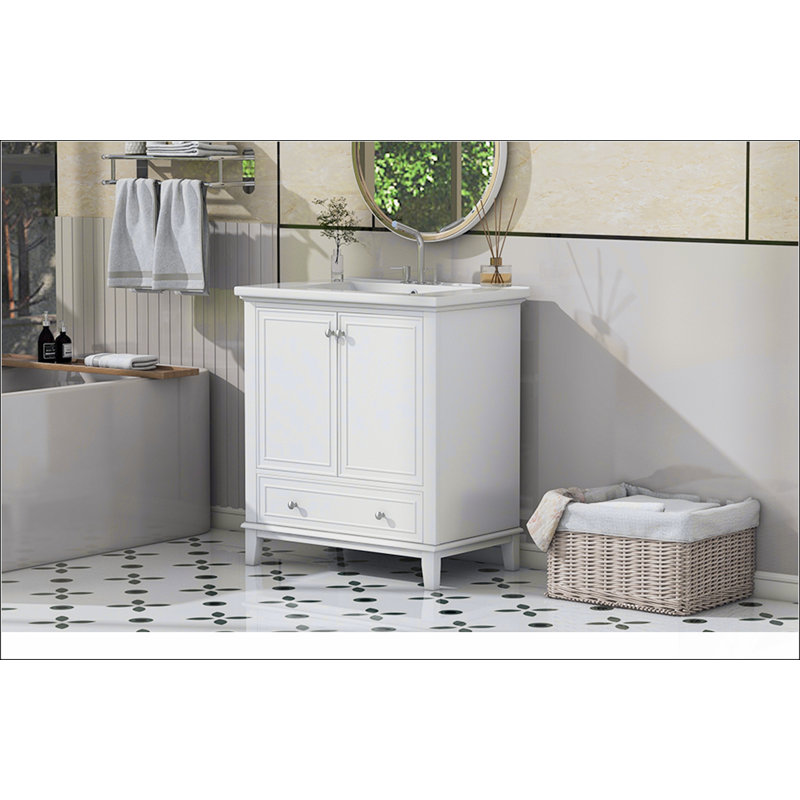 Ensemble de meuble-lavabo 30 po avec lavabo, armoire de salle de bain multifonctionnelle avec portes et tiroir, cadre solide et panneau de fibres à densité moyenne, blanc (ancien sku: sy999606aak)